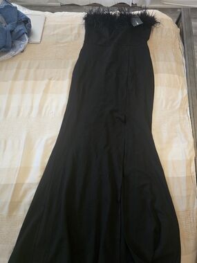 Fashion Nova Black Strapless Maxi Dress with Feather Trim